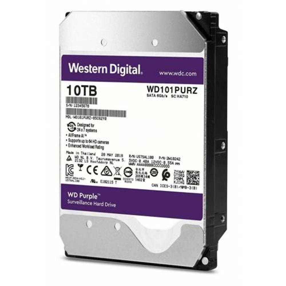 WD Purple 10TB 3.5 256MB WD101PURZ 7/24 Güvenlik Harddiski (3 Yıl Distribütör Garantili)