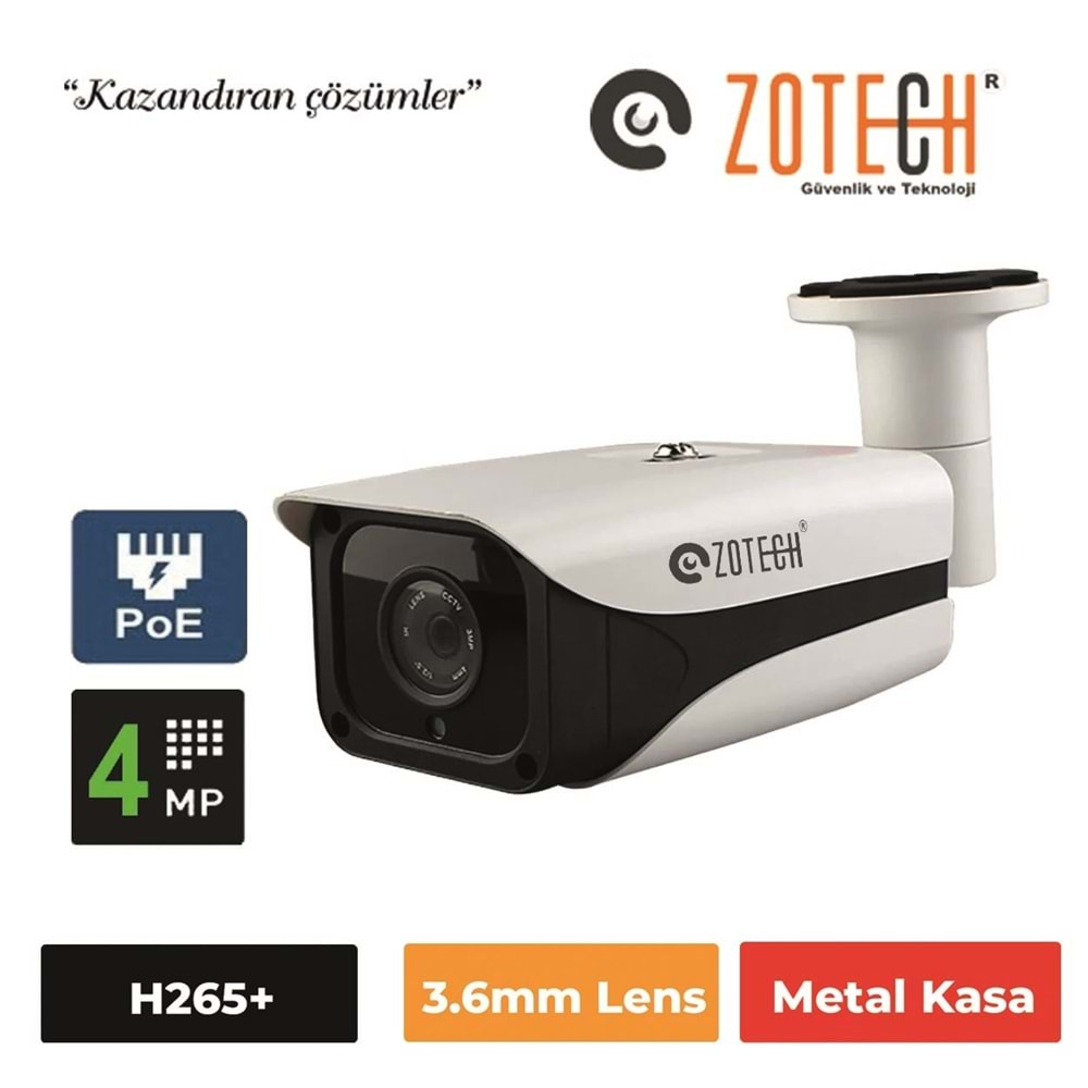 Zotech ZT-DH404IP-P PoE 4MP 3.6mm 4 King Led H265 IP Kamera(80mt)(S)