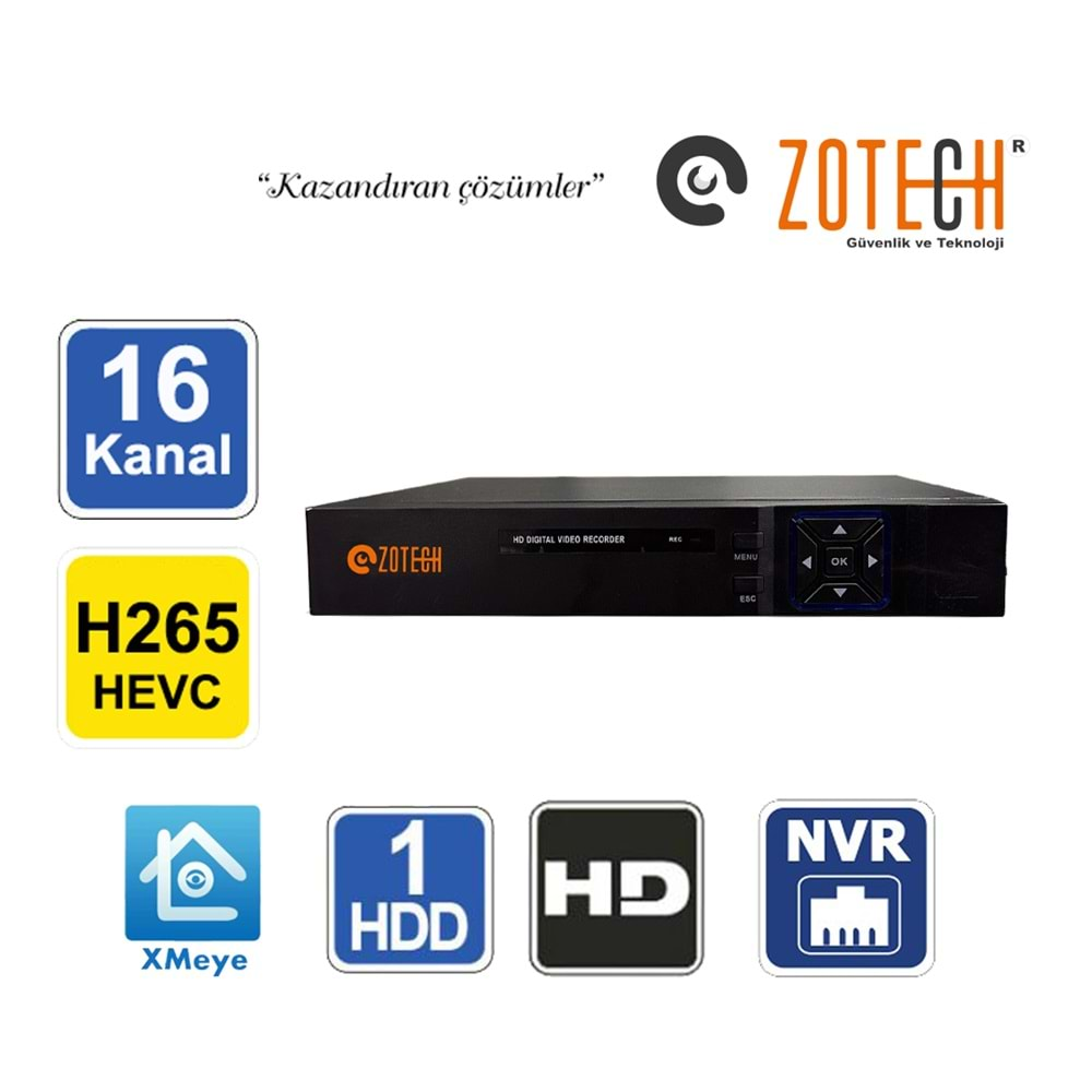 Zotech ZT-NVR4K16 16Kanal H265+ Nvr 8MP Kayıt Cihazı Xmeye(Y)