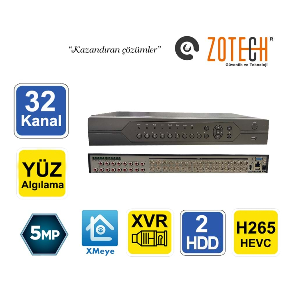 Zotech XM32C2H 5MP 32Kanal 16CH Ses 2xHDD 5Mpix H265+ XMeye 5in1 DVR(S)