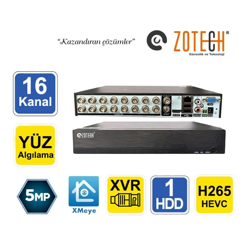 Zotech ZT-XM5216 16Kanal 2Ses H265 5MP 5in1 Dvr Kayıt Cihazı Xmeye Pro