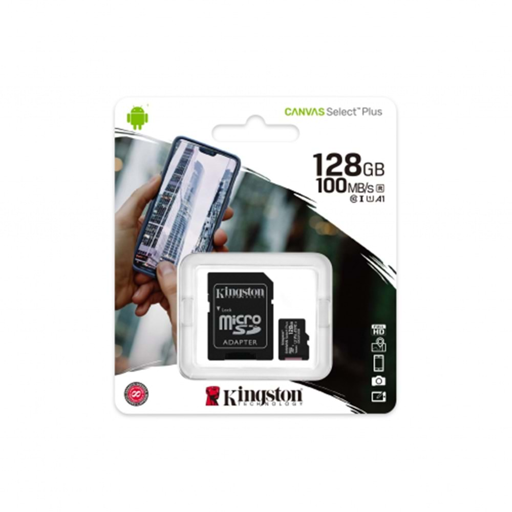 Kingston SDCS2/128GB Canvas CL10 100Mb/S MicroSD Kart Bellek (SD Adaptörlü)