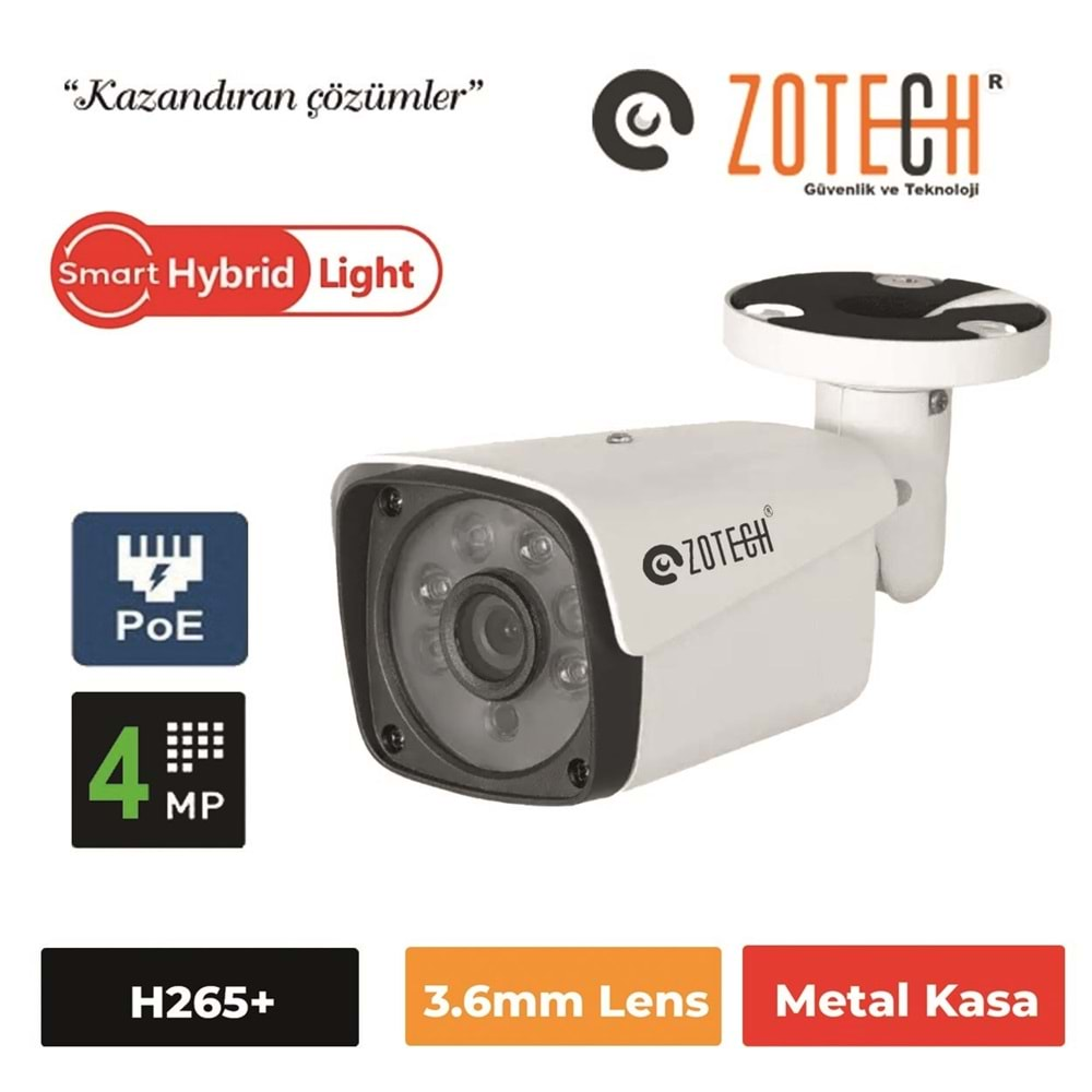 Zotech SMR-B206IP36-P PoE 4MP 6 Smart Hybrid Light 3.6mm H265 IP Metal Bullet(40Mt.)(S)