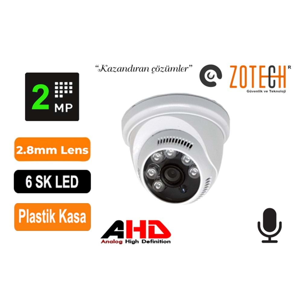 Zotech ZT-DM206HD-A 2MP 6 SK Led 2.8mm Plastik Dome 4in1 Kamera Sesli (45Mt)(S)