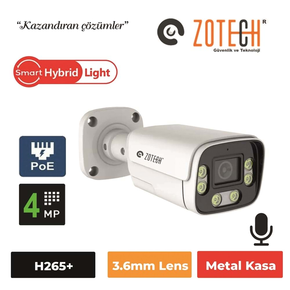 Zotech SMR-GBM406IP36-P-A Poe 4MP 6 Smart Hybrid Light 3.6mm H265 IP Bullet Kamera Metal(Sesli)