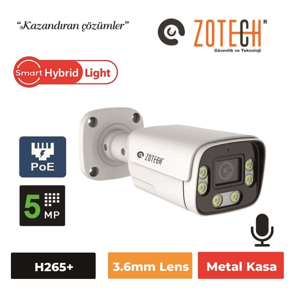 Zotech SMR-GBM506IP36-P-A Poe 5MP 6 Smart Hybrid Light 3.6mm H265 IP Bullet Kamera Metal(Sesli)