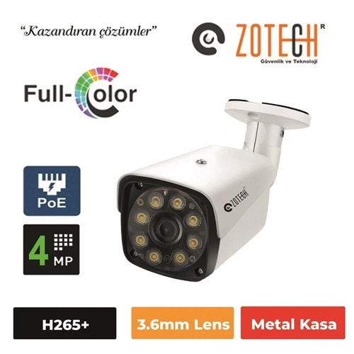 Zotech FC-B208IP-P PoE 4MP 3.6mm 8 Warm Full Color H265 IP Metal Bullet(40Mt.)(S)