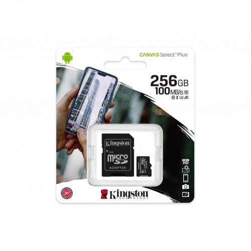 Kingston SDCS2/256GB Canvas CL10 100Mb/S MicroSD Kart Bellek (SD Adaptörlü)