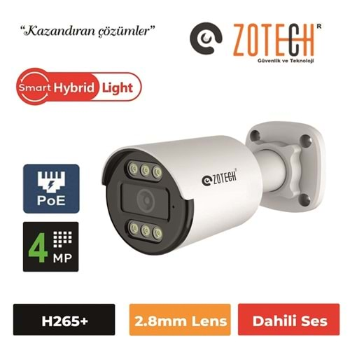 Zotech SMR-GBP406IP28-P-A Poe 4MP 6 Smart Hybrid Light 2.8mm H265 IP Bullet Kamera(Sesli)