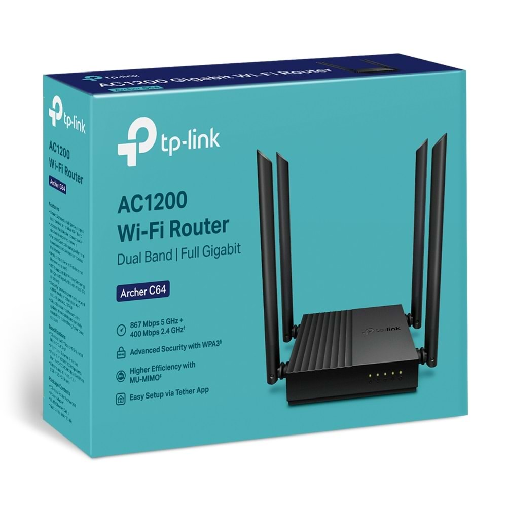 Tp-Link ARCHER C64 AC1200 4Port 867Mbps Dual Band WiFi Masaüstü Gigabit Router Access Point