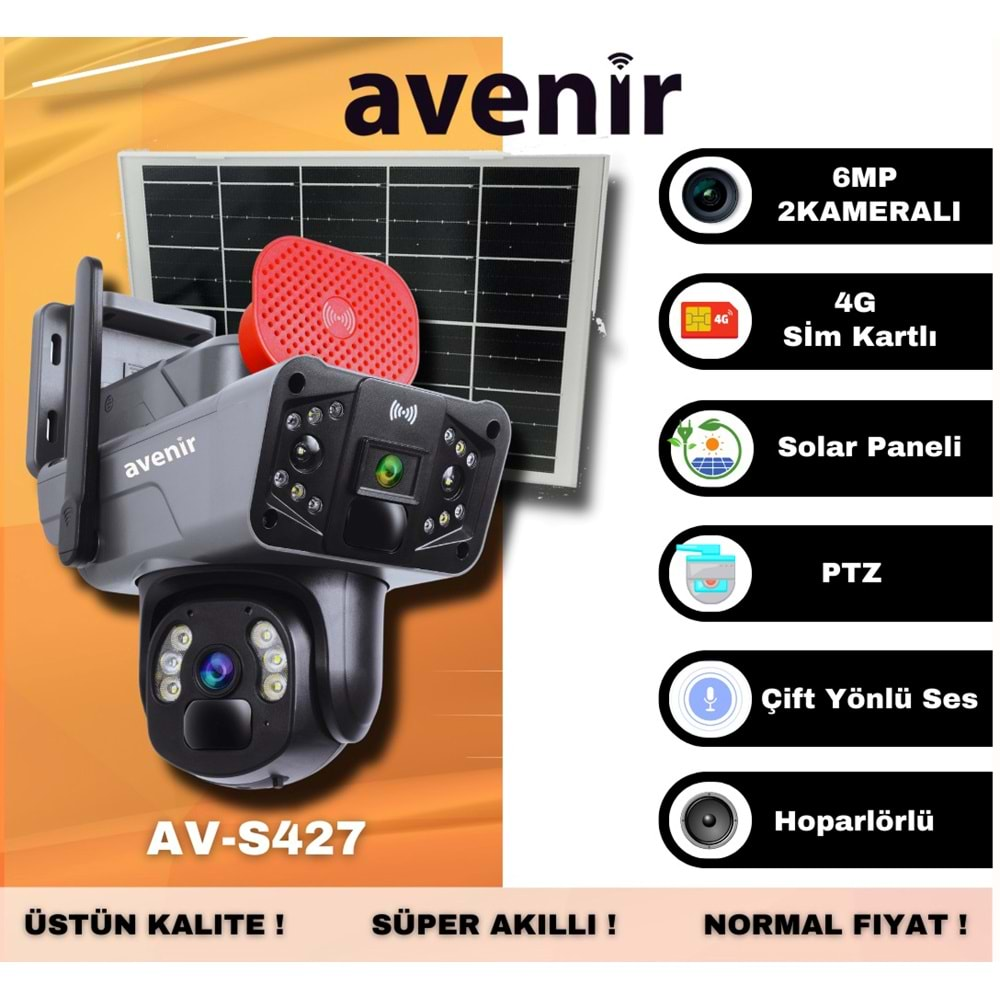 Avenir AV-S427 (4G-Solar) Sim Kartlı Güneş Enerjili Dış Ortam 360° Akıllı Kamera SD Kart